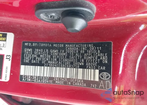 2011 Toyota Corolla S z USA, uszkodzony, nr VIN 2T1BU4EE6BC683758